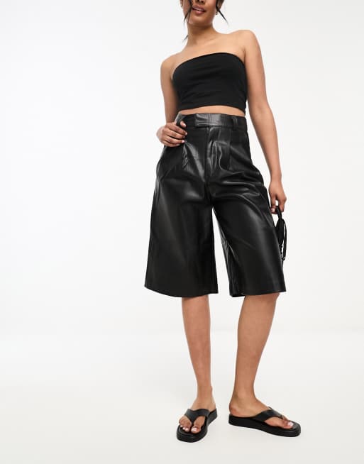 Stradivarius faux leather city shorts in black