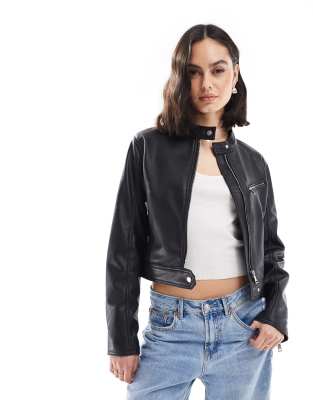 Stradivarius faux leather collarless faux leather jacket in black