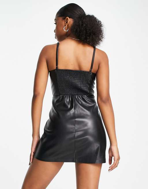 Stradivarius faux leather corset cami mini dress in black