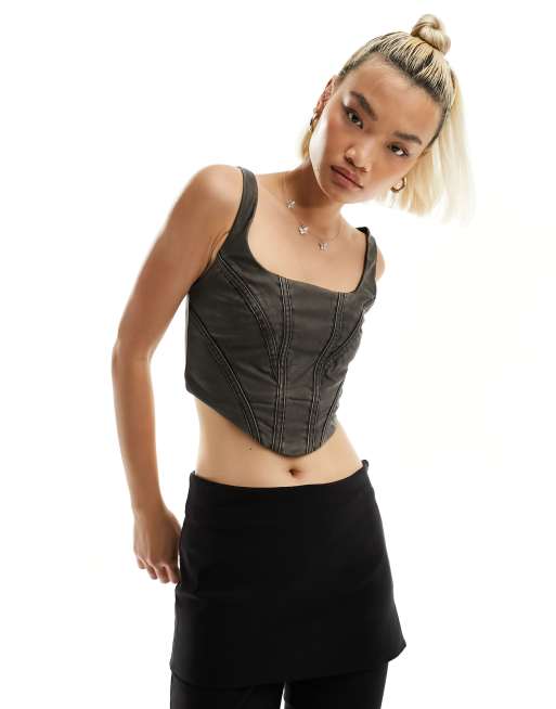 Bershka washed out faux leather corset crop top in black