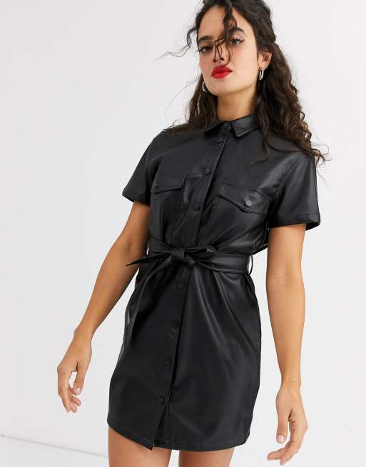 STEPHSA BLACK SHORT SLEEVE FAUX LEATHER UTILITY DRESS  Faux leather dress  outfit, Leather dress outfit, Leather shirt dress