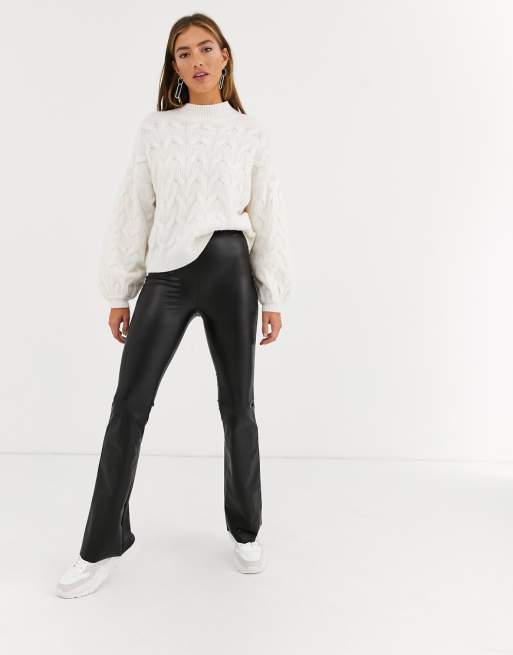 Stradivarius faux leather flare pants in black | ASOS