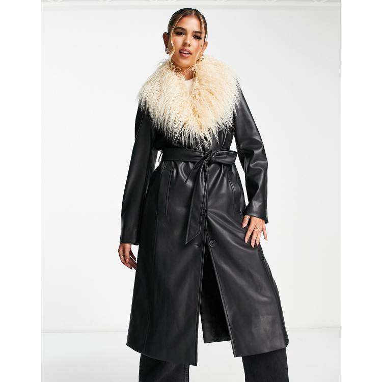 Full length leather 2025 coat with fur trim