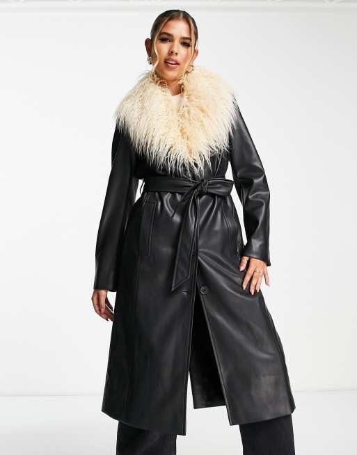 Stradivarius faux leather fur trim maxi coat in black | ASOS