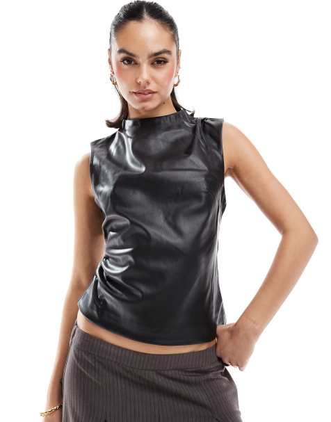 Stradivarius faux leather high neck top in black - view 1