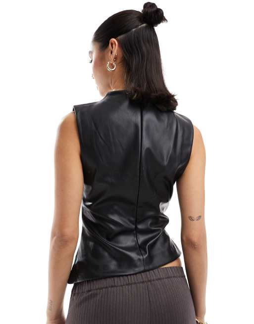 Stradivarius faux leather high neck top in black ASOS