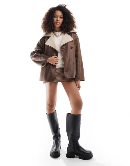 Stradivarius faux leather jacket with borg lining in brown
