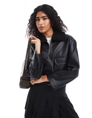 faux leather jacket with contrast collar in black