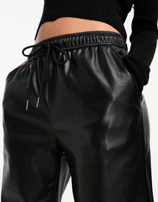Stradivarius STR faux leather straight leg pants in washed black