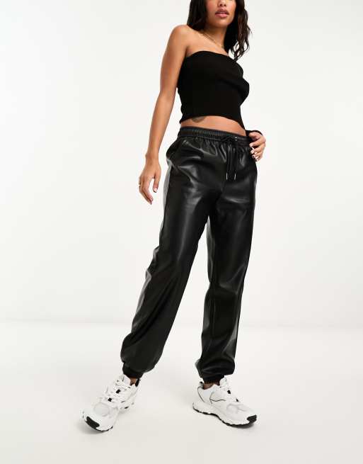 Black faux leather store joggers