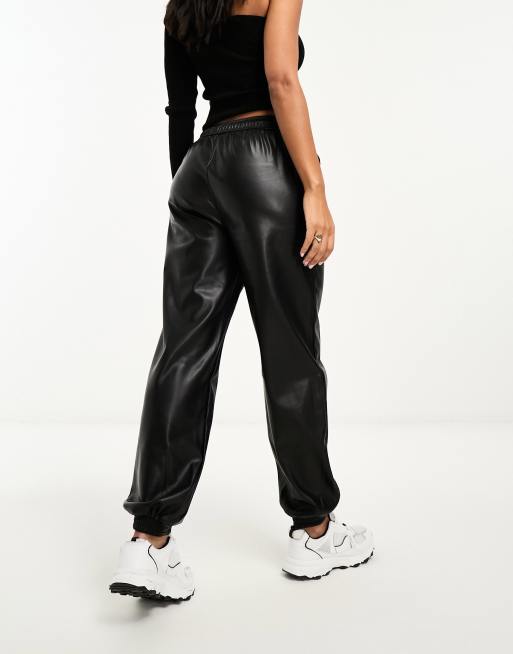 Black Leather Faux Leather Jogging Pants Stradivarius Faux Leather