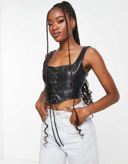 ASOS DESIGN faux leather lace up detail corset in black - part of a set