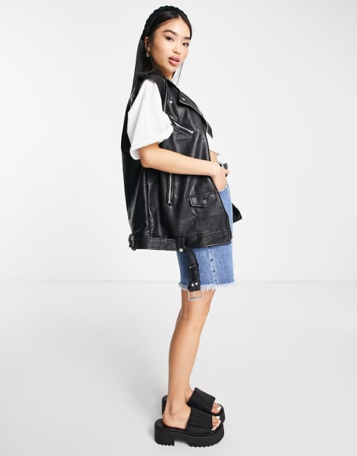 Stradivarius faux leather longline sleeveless biker jacket with belt in  black