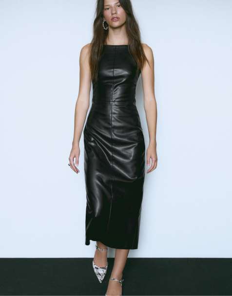Stradivarius Faux leather midi dress in black