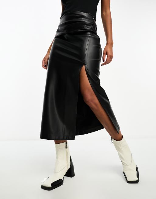 Stradivarius faux leather midi skirt with side split in black