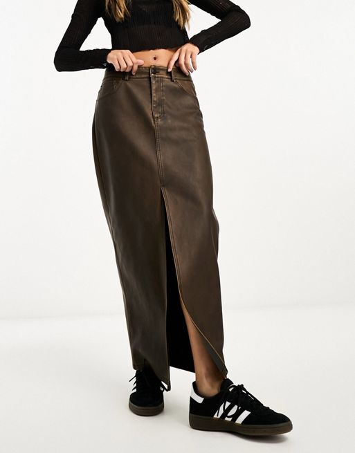 Stradivarius faux leather midi skirt with split front in washed brown