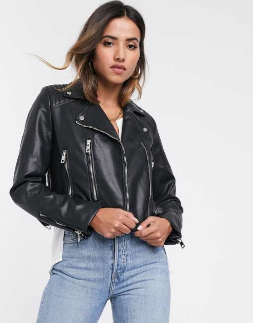 Stradivarius faux leather oversized biker jacket in black | ASOS