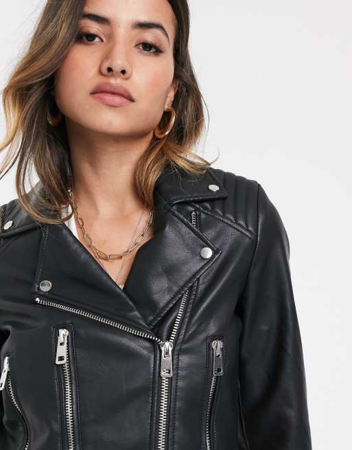 Stradivarius faux leather oversized biker jacket in black ASOS