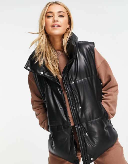 Stradivarius faux leather oversized gilet in black | ASOS