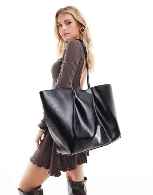 Stradivarius faux leather oversized shopper bag in black