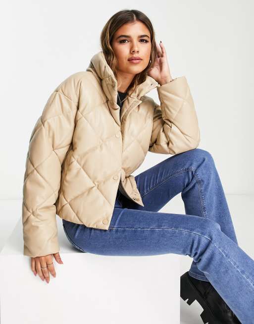 Stradivarius faux leather padded puffer jacker in beige | ASOS