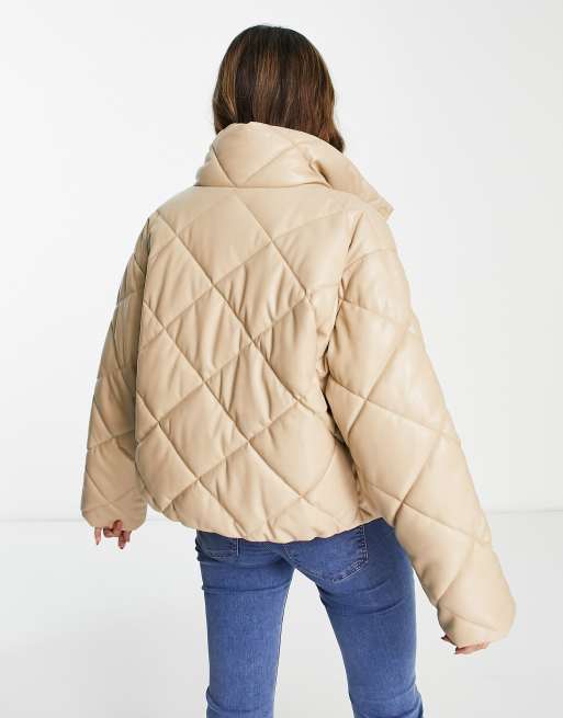 Stradivarius faux leather padded puffer jacker in beige | ASOS