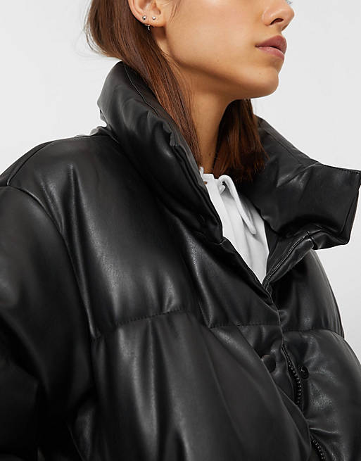 Coats & Jackets Stradivarius faux leather padded puffer jacket in black 