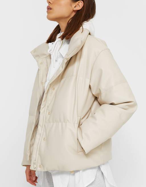 Stradivarius faux leather padded puffer jacket in ecru ASOS