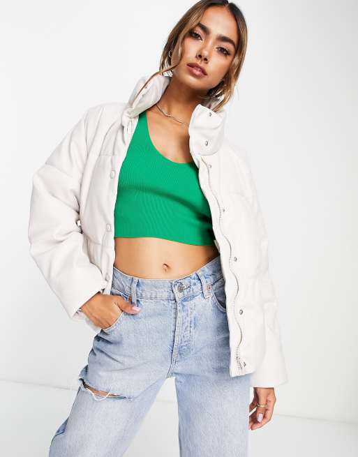 Stradivarius faux leather padded puffer jacket in ecru | ASOS