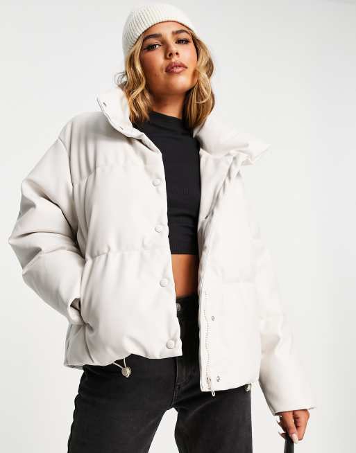 Stradivarius faux leather padded puffer jacket in ecru ASOS