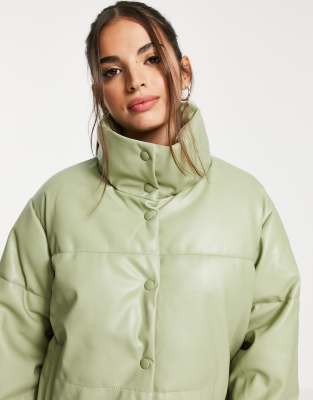 khaki faux leather hooded puffer jacket