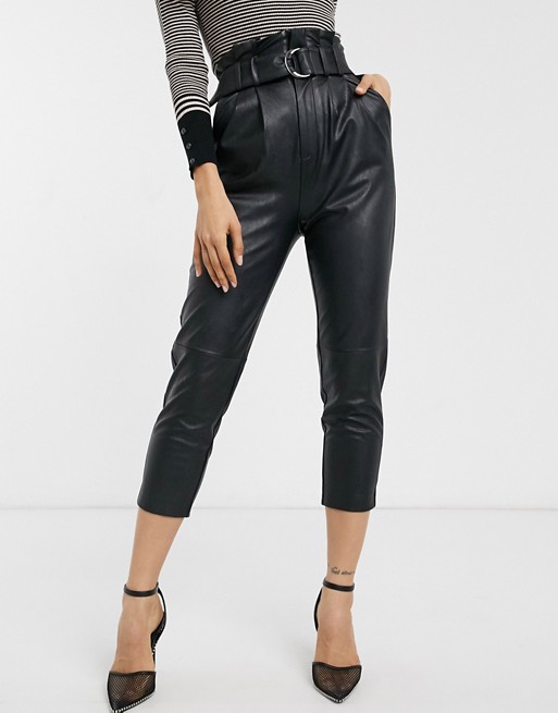 Stradivarius faux leather paperbag trouser with belt in black