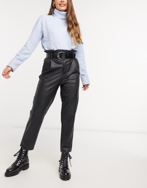 black faux leather paperbag trousers