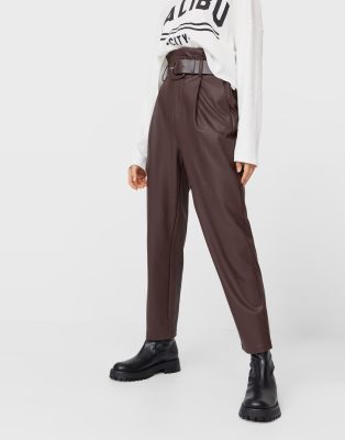 stradivarius brown leather trousers