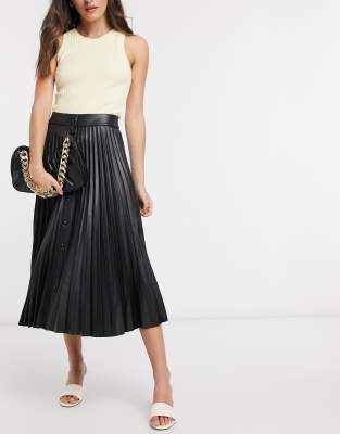 Stradivarius faux leather pleated midi skirt in black | ASOS