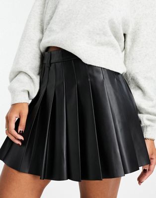 Stradivarius faux leather pleated mini skirt in black | ASOS
