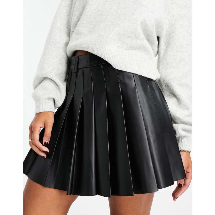 Stradivarius faux leather pleated mini skirt in black ASOS
