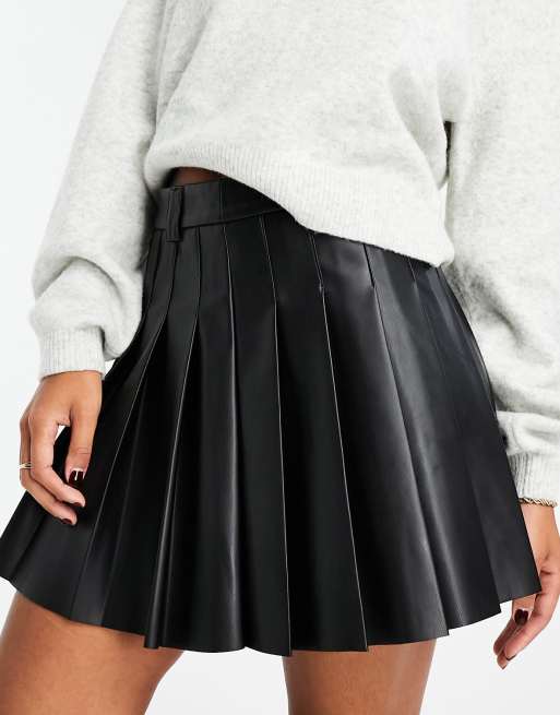 Black Faux Leather Pleated Skater Skirt