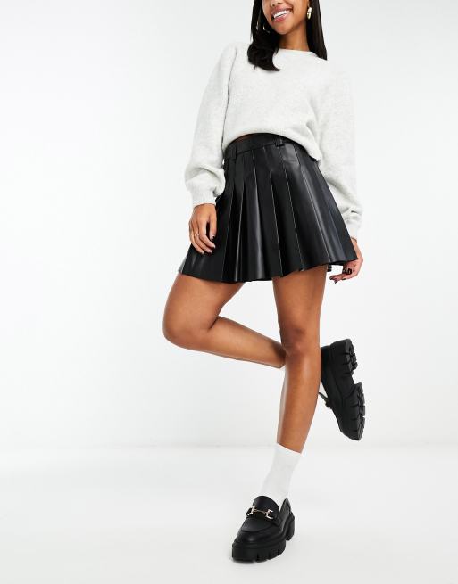 Black Faux Leather Pleated Skater Skirt