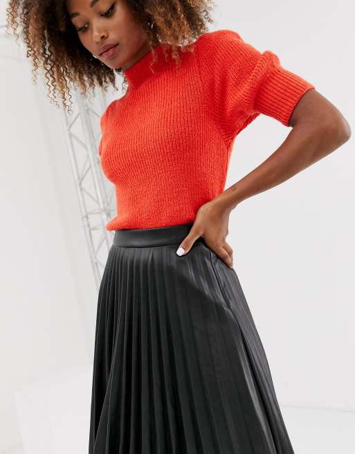 Dark red shop leather pleated skirt