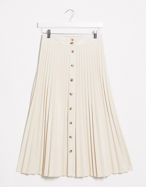 Stradivarius faux leather pleated skirt with front buttons in ecru