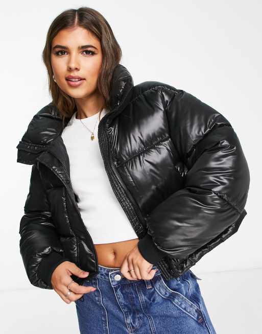 Stradivarius faux leather puffer jacket in black | ASOS