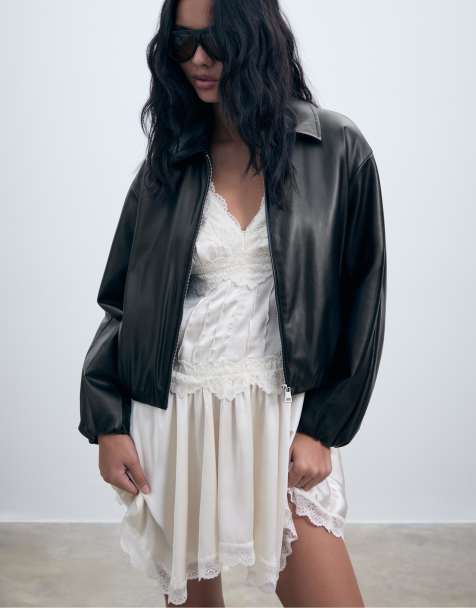 Stradivarius Faux leather quilted bomber jacket in black