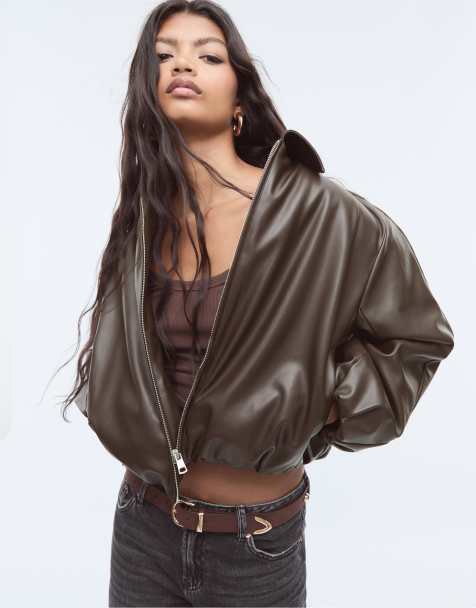 Stradivarius Faux leather quilted bomber jacket in brown - view 1