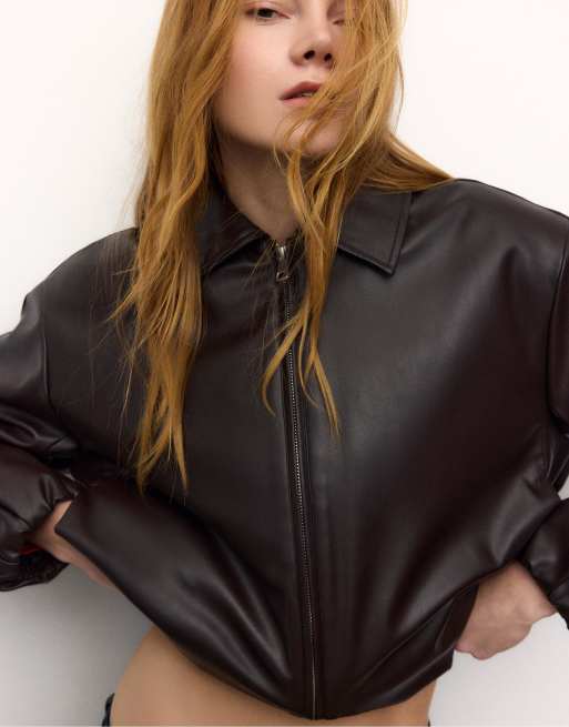 Stradivarius Faux leather quilted bomber jacket in brown, 3 of 3