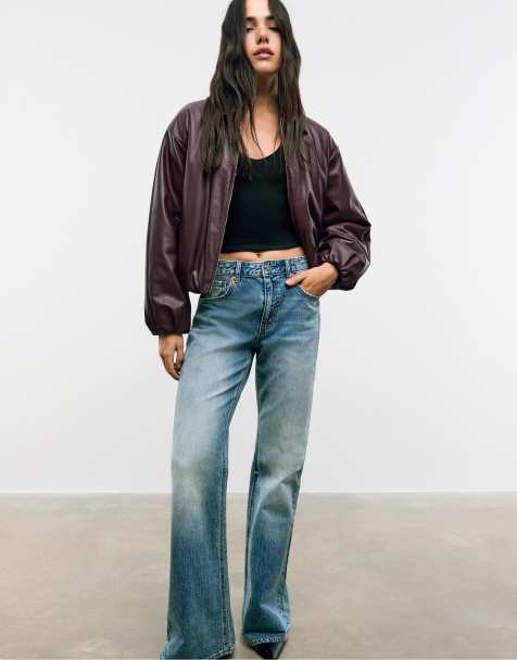 Stradivarius Faux leather quilted bomber jacket in burgundy - view 1