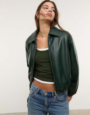 Stradivarius Faux leather quilted bomber jacket in green