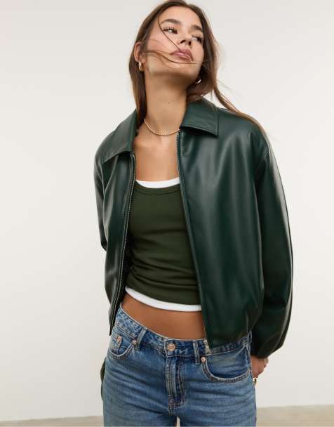 Stradivarius Faux leather quilted bomber jacket in green - view 1