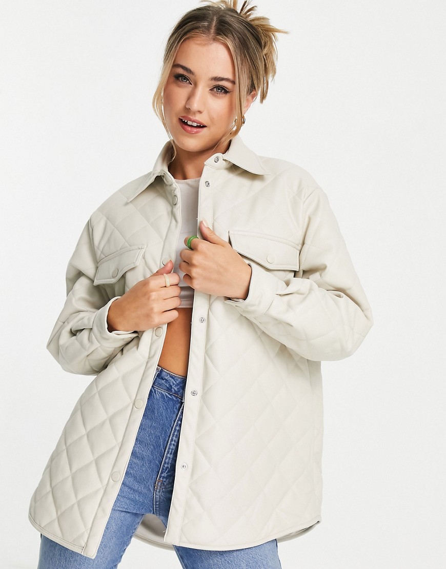 Stradivarius faux leather quilted jacket in ecru-White