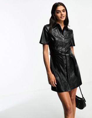 Stradivarius Faux Leather Shirt Dress In Black In Brown
